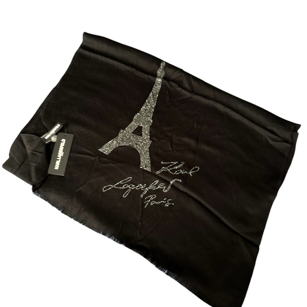 KARL LAGERFELD PARIS Women's Sparkle Eiffel Tower Black Scarf Wrap - Picture 2 of 11